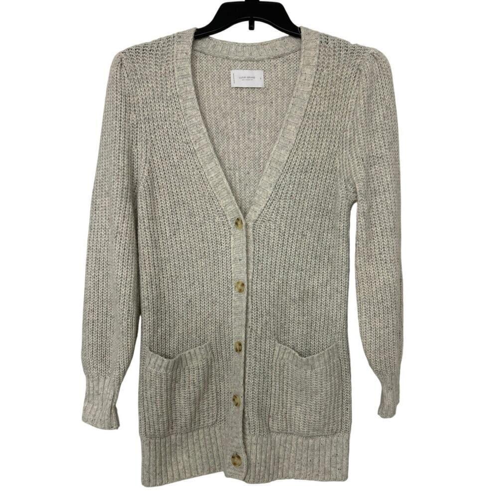 LUCKY BRAND Longline Cotton Wool Blend Light Gray Confetti Cardigan Small